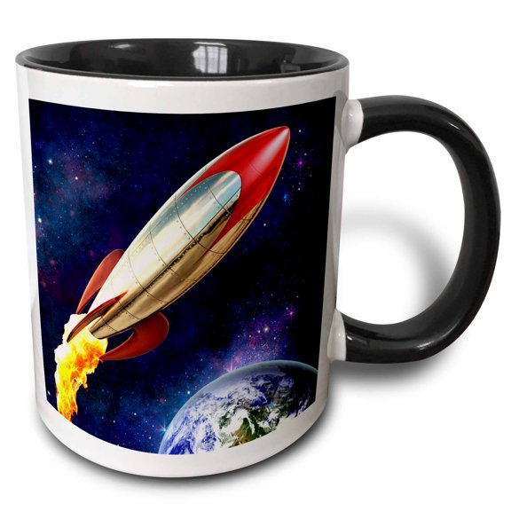 3drose, Rocket Shooting Through Space Around Earth, 11oz Two-tone Black Mug
