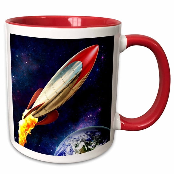 3drose, Rocket Shooting Through Space Around Earth, 11oz Two-tone Red Mug