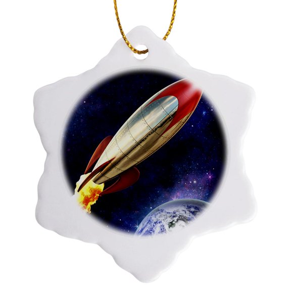 3drose, Rocket Shooting Through Space Around Earth, 3 inch Snowflake Porcelain Ornament