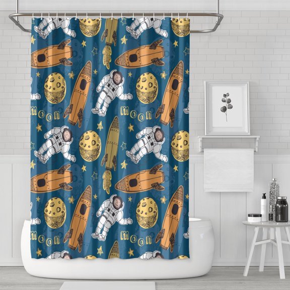 Rocket Shower Curtain Alien Spacecraft Design Waterproof Bathroom Drape Fade-Resistant Fabric with Metal Grommets 72x72
