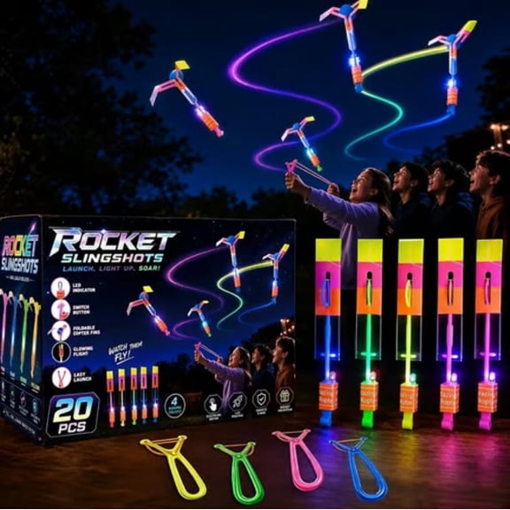 Rocket Slingshot Flying Device with LED Lights,Outdoor Glowing Helicopter Launcher with Whistle Sound,Recreational Flying Activity for Backyard Park and Beach