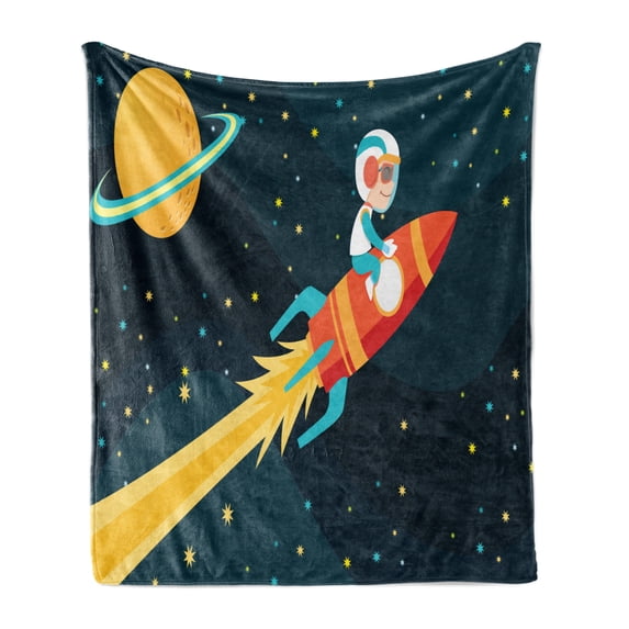 Rocket Soft Flannel Fleece Throw Blanket, Boy Riding Rocket in Space Childish Journey Exploring Universe Theme, Cozy Plush for Indoor and Outdoor Use, 50" x 70", Dark Petrol Blue Yellow, by Ambesonne