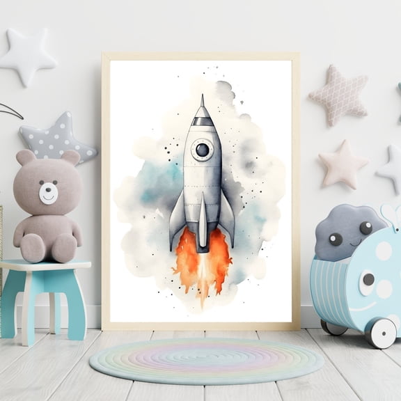 Rocket Space Nursery Wall Art Outer Space Decor, Unframed Paper Print Size 8x12