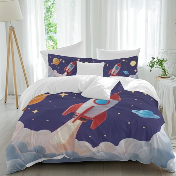 Rocket Space Universe Planet California King Size Bed Set,Night Star Cartoon Style Bedding for All Seasons,4 Pcs Bed Set with 1 Quiltcover (90"x106"),1 Sheet(94"x116"),2 Pillowcases (19"x35")