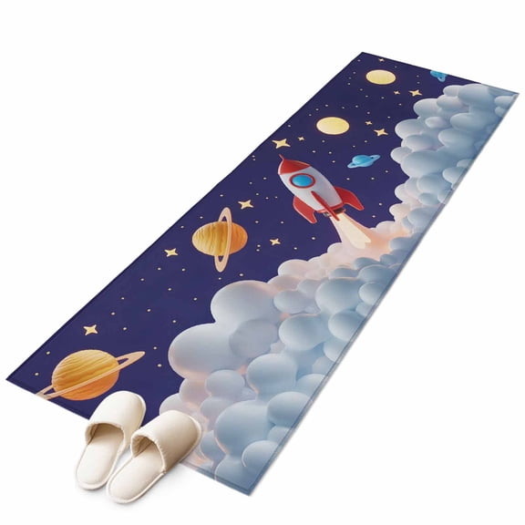 Rocket Space Universe Planet Non-Slip Non-Shedding Floor Mat, Night Star Cartoon Style Washable Sturdy Carpet for Living Room Bedroom Home Decor