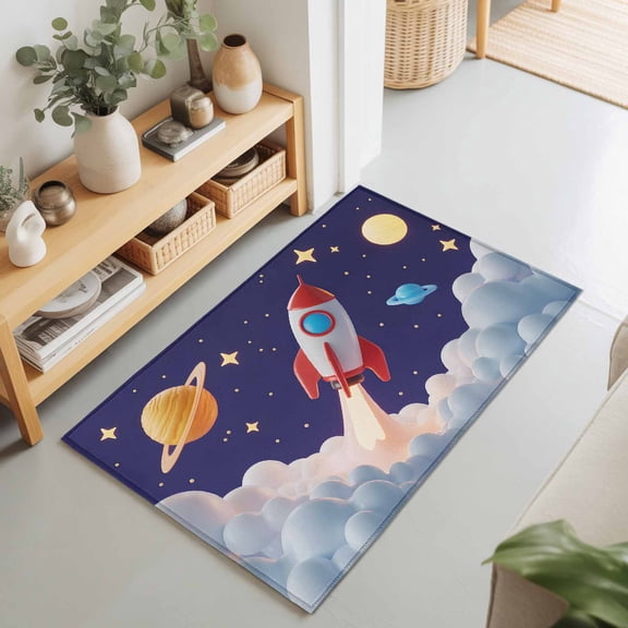 Rocket Space Universe Planet Rectangle Rug 2'x3' Night Star Cartoon Style Washable Area Rugs for Living Room Bedroom Entryway Non Slip Entrance Door Mat Indoor Floor Carpet