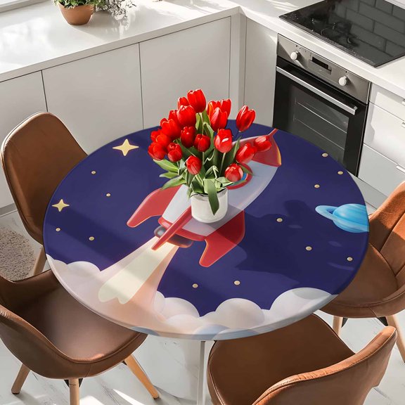 Rocket Space Universe Planet Round Fitted Tablecloth with Elastic Edge,Waterproof Table Cloth Fits Tables Up to 36"-44",Wipeable Washable Table Cover for Dinning Party,Night Star Cartoon Style