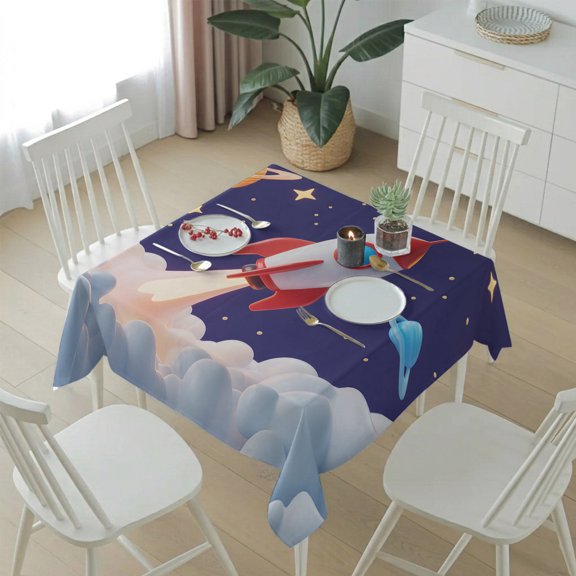 Rocket Space Universe Planet Table Cloth 54x54in, Waterproof Square Tablecloth Wipeable Tablecloths Night Star Cartoon Style Table Covers for Dining Tables Party Indoor Outdoor