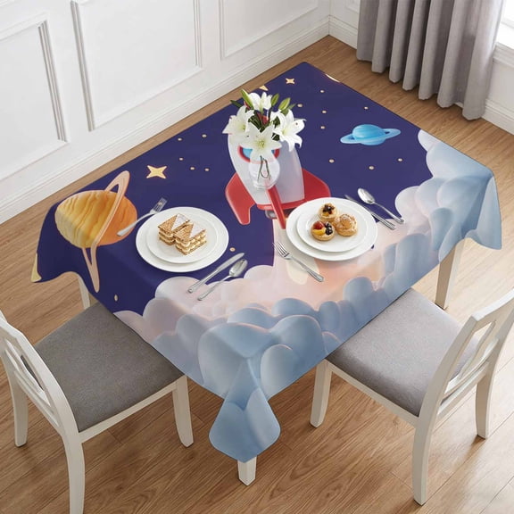 Rocket Space Universe Planet Table Cloth 60x84in, Waterproof Rectangle Tablecloth Wipeable Tablecloths Night Star Cartoon Style Table Covers for Dining Tables Party Indoor Outdoor
