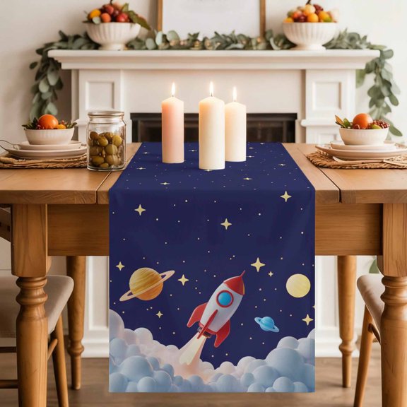 Rocket Space Universe Planet Table Runner 70 Inches Long,Kitchen Dining Tablerunners Night Star Cartoon Style Linen Table Runners Dresser Scarves for Home Dinner Wedding Holiday Party Decor