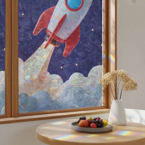 Rocket Space Universe Planet Window Privacy Film,Heat Control Sun Blocking Static Cling Rainbow Film,Night Star Cartoon Style Non-Adhesive Glass Sticker Door Window Tint,17.7" x 39.3"