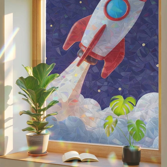 Rocket Space Universe Planet Window Privacy Film, Rainbow Film Decorative Window Sticker 23.6x 59in, Night Star Cartoon Style Sun Blocking Static Stained Glass Cling Tint Non-Adhesive