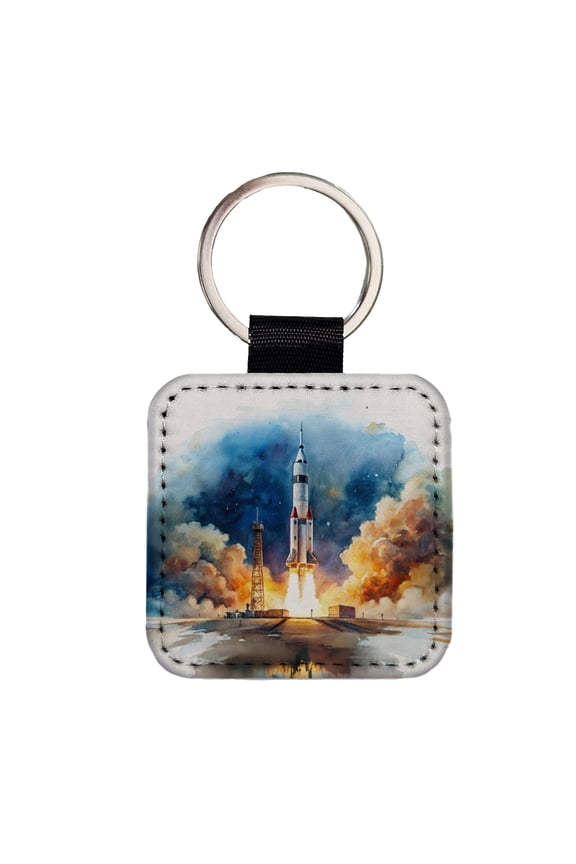 Rocket Spaceship Launch Sci-fi Watercolor Faux Leather Square Keychain