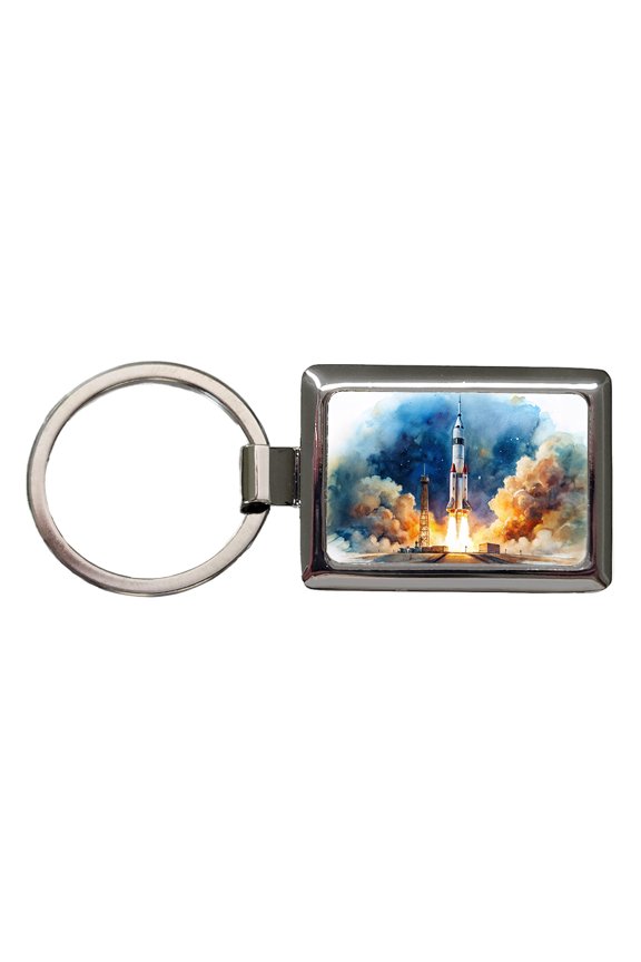 Rocket Spaceship Launch Sci-fi Watercolor Metal Rectangle Keychain
