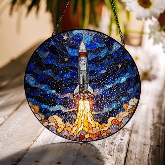 Rocket Stained Glass Suncatcher, Fun Space Theme Window Hanging Gift for Kids and Space Lovers Birthday Gift