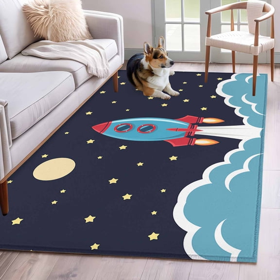 Rocket Stars 4x6 Area Rugs for Living Room, Moon Sky Cartoon Space Craft Non Slip Floor Mat Washable Low-Profile Indoor Carpet for Bedroom, Dining Room, Bathroom