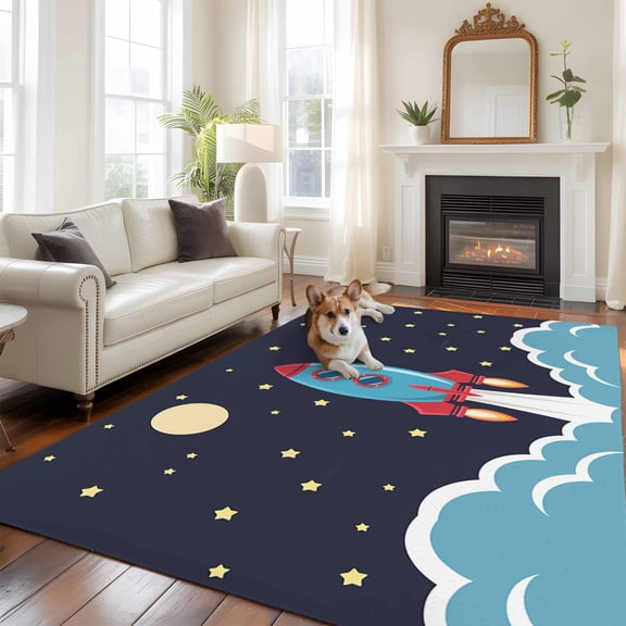 Rocket Stars 5x7 Area Rugs for Living Room, Moon Sky Cartoon Space Craft Non Slip Floor Mat Washable Low-Profile Indoor Carpet for Bedroom, Dining Room, Bathroom