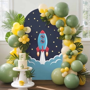 Rocket Stars Arch Backdrop Cover, 5FT, Moon Sky Cartoon Space Craft Spandex Arch Covers Double-Sided Backdrop for Wedding Birthday Party Photo Background Decoration