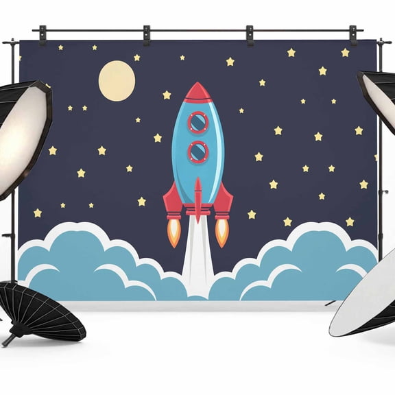 Rocket Stars Backdrop for Photography, Moon Sky Cartoon Space Craft Photo Backdrop Portrait Background Party Banner Photo Backgrounds for Studio Booth Props, 7x5ft