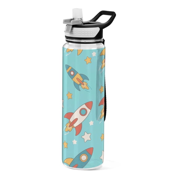 Rocket Stars Pattern Sport Water Bottle Tritan with Straw 1000ml Portable for Outdoor Daily Use