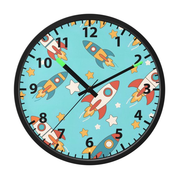 Rocket Stars Pattern Wall Clock 12 Inch Voice Activated Night Light Silent Non Ticking