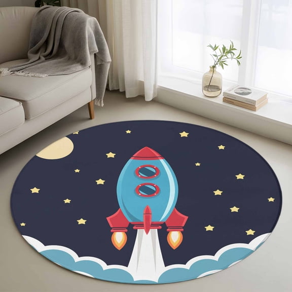 Rocket Stars Round Rugs for Living Room 3ft Moon Sky Cartoon Space Craft Non Slip Circle Rug Washable Low-Profile Indoor Carpet for Bedroom, Dining Room, Bathroom