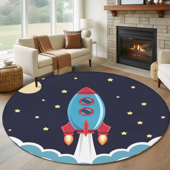 Rocket Stars Round Rugs for Living Room 6ft Moon Sky Cartoon Space Craft Non Slip Circle Rug Washable Low-Profile Indoor Carpet for Bedroom, Dining Room, Bathroom