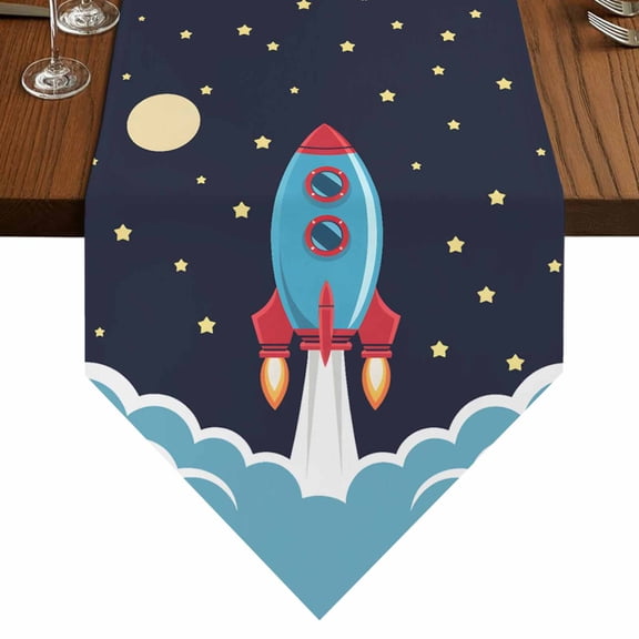 Rocket Stars Table Runner for Dining Room, Moon Sky Cotton Linen Dining Table Runner Tablecloth Dresser Scarves for Kitchen Cafe 13x36 Inches Long