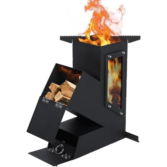 Rocket Stove with Glass Window, Portable Wood Burning Stove for Outdoor Cooking, Heavy Duty Camping Grill, Backyard Cooking Wood Fire Stove for Emergency Survival and Preparedness