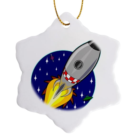 3drose, Rocket Taking Off, 3 inch Snowflake Porcelain Ornament