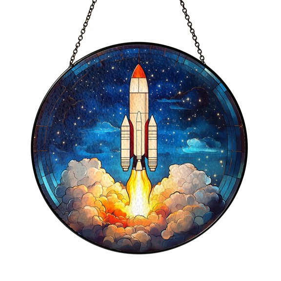 Rocket Taking Off Stained Glass Suncatcher Space Theme Window Art for Home Interior Display