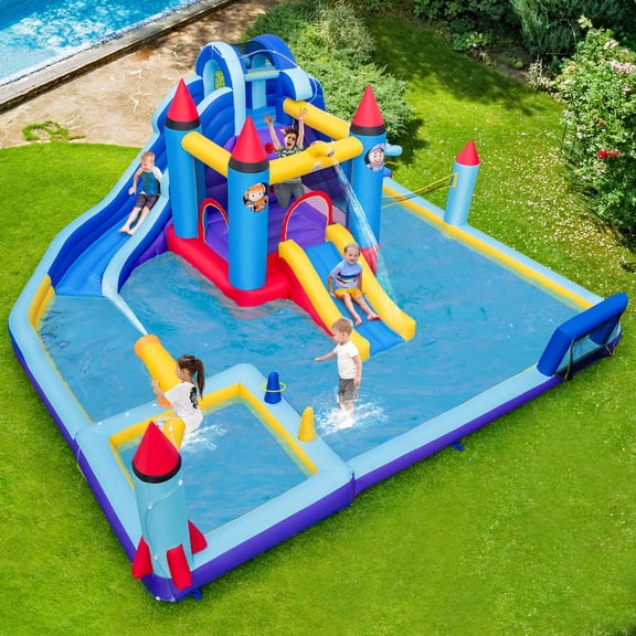 Rocket Theme Inflatable Water Slide Park with Splash Pool, Water Gun, Mesh Wall, and Carrying Bag