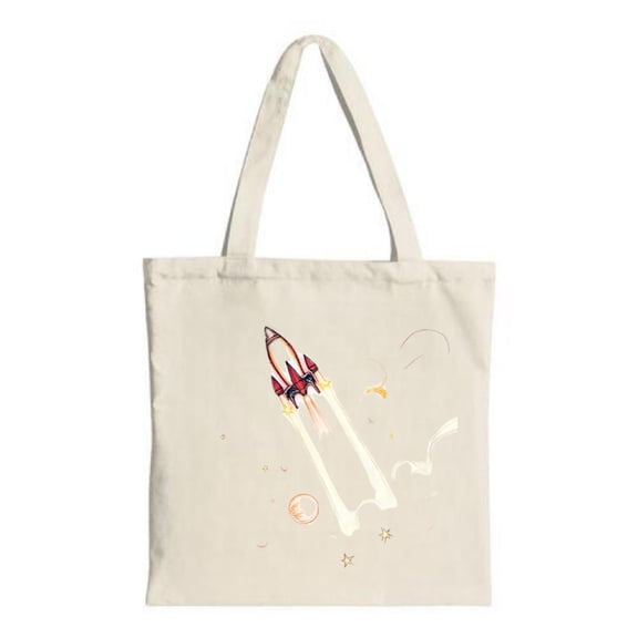 Rocket Tote Bag - Canvas Multifunctional Reusable Shopping Bag with Vibrant Red & Yellow Flames Stars Design