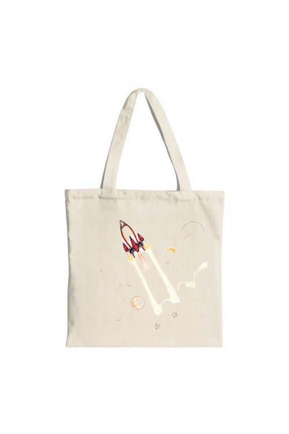 Rocket Tote Bag - Canvas Multifunctional Reusable Shopping Bag with Vibrant Red & Yellow Flames Stars Design