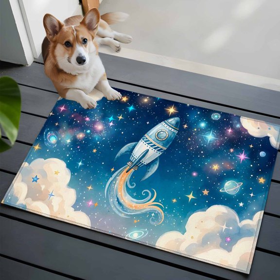 Rocket Universe Front Door Rugs 2x3 ft Color Stars Planets Cloud Dream Sky Cartoon Small Rug for Entryway Non Slip Washable Bathroom Door Mat Absorbent Floor Mat for Indoor Entrance