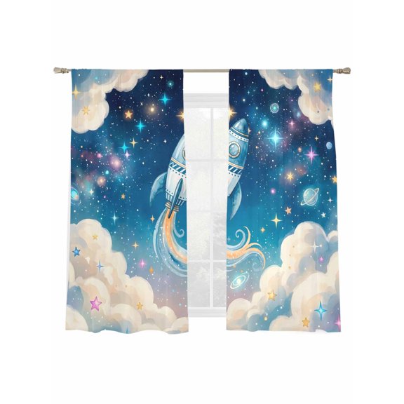 Rocket Universe Sheer Curtains 2 Panels Set Color Stars Planets Cloud Dream Sky Cartoon Sheer Window Curtains Light Filtering Rod Pocket Voile Drapes for Bedroom Living Room 52"x63"