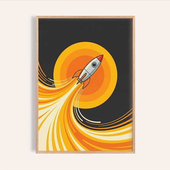 Rocket Wall Art Bold Yellow And Orange Nursery Decor Unframed Paper Print
