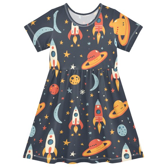 Rocket and Planet Girls Short Sleeve Dress A Line Sun Protection Breathable Comfort Sundress 7-8T
