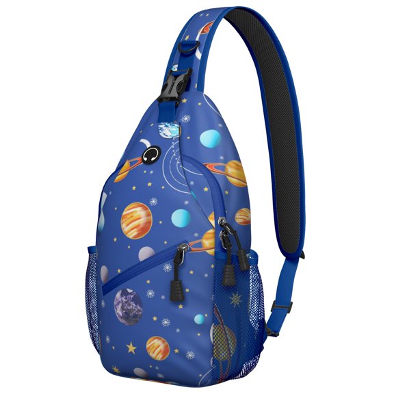 Rocket and Spacecraft Sling Backpack, Moon and Sun Design, Galaxy Nebula Crossbody Bag for Outer Space Lovers