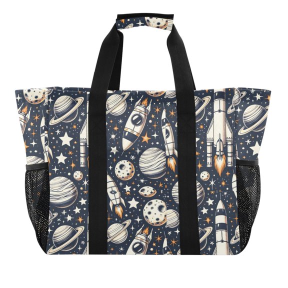 Rocket in Cosmos Space Reusable Grocery Bags with Handle Side Pocket Waterproof Shopping Portable Tote