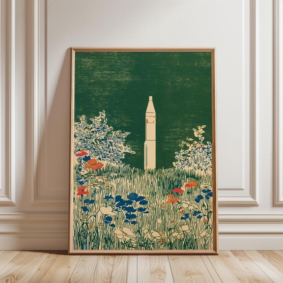 Rocket in Wildflower Field Retro Botanical Space Nature Home Wall Art, Unframed Canvas 12x16in