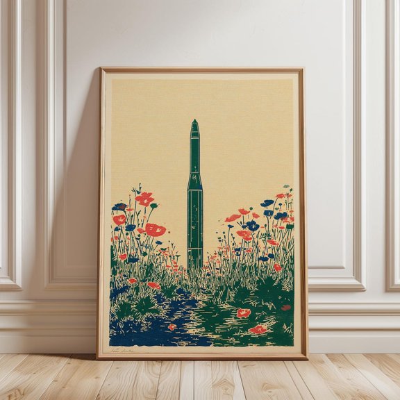 Rocket in Wildflower Meadow Retro Botanical Space Nature Home Art Print, Unframed Canvas 24x36in