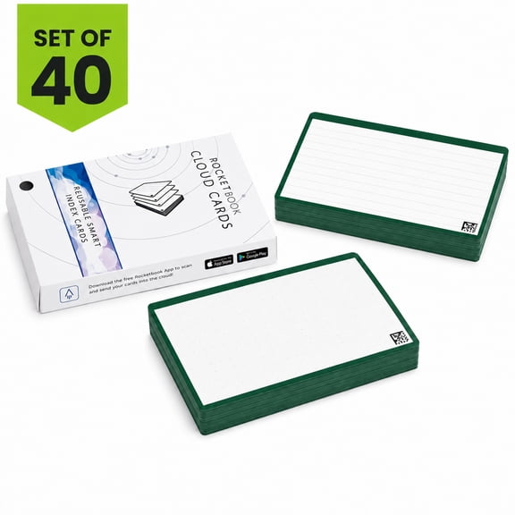 Rocketbook Cloud Cards Reusable Index Cards, 3" x 5", 40 Pack, Green, Lined Front & Dot Grid Back, App-Connected Flashcards, Cards Only