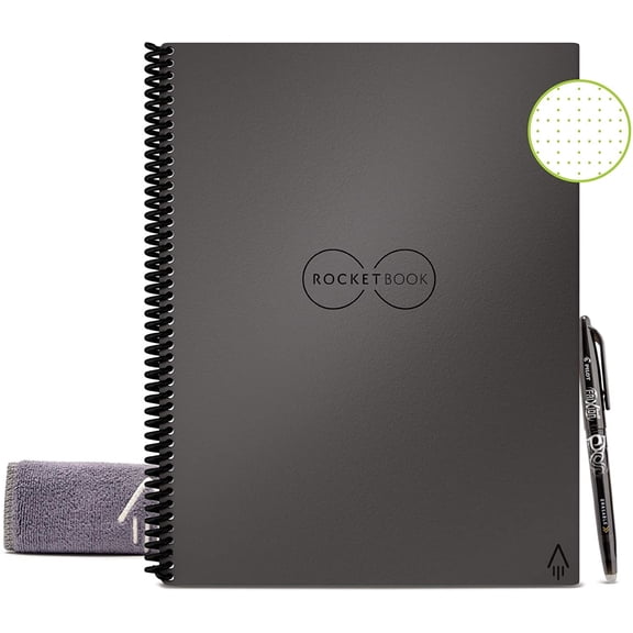 Rocketbook Core Digital Reusable Notebook - Gray - Letter Size Eco-friendly Notebook (8.5" x 11") - 32 Dot-Grid Pages - Includes 1 Pen and Microfiber Cloth