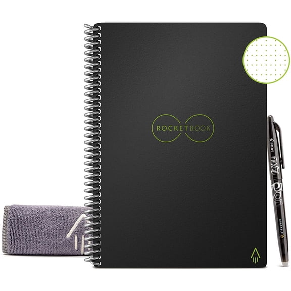 Rocketbook Core Digital Reusable Notebook - Black - Executive Size Eco-friendly Notebook (6" x 8.8") - 36 Dot-Grid Pages - Includes 1 Pen and Microfiber Cloth