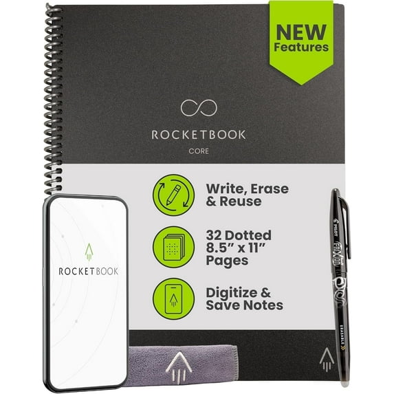 Rocketbook Smart Reusable Core Notebook - Dotted, Letter Size, Black
