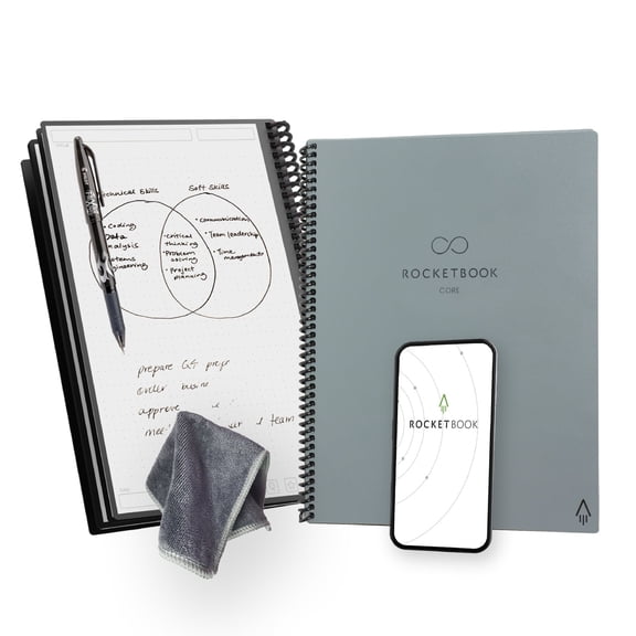 Rocketbook Core Reusable Smart Notebook, Letter 8.5" x 11", Gray, Dot Grid Pages, Cloud Connected Erasable Spiral Notebook