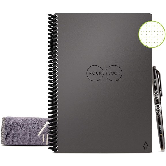 Rocketbook Core Smart Reusable Spiral Notebook, Executive Size Eco-Friendly Notebook, 6x8.8, Includes 1 Pen and Microfiber Cloth, Grey