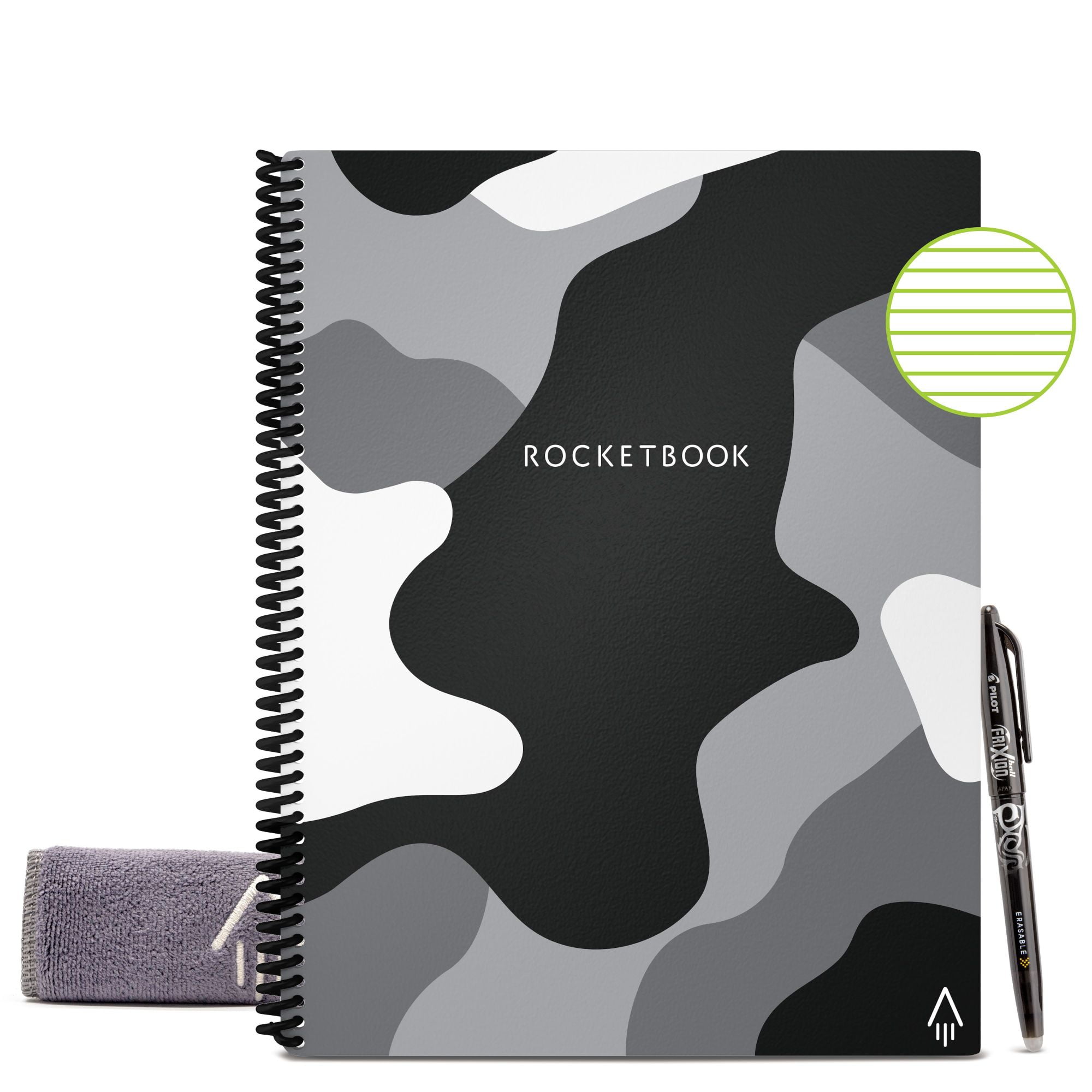 Rocketbook Core Smart Reusable and Sustainable Spiral Notebook - Camo - Letter Size Eco-friendly Notebook (8.5" x 11") - 32 Lined Pages - Includes 1 Pen and Microfiber Cloth