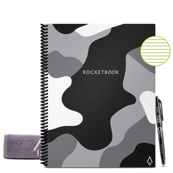 Rocketbook Core Smart Reusable and Sustainable Spiral Notebook - Camo - Letter Size Eco-friendly Notebook (8.5" x 11") - 32 Lined Pages - Includes 1 Pen and Microfiber Cloth